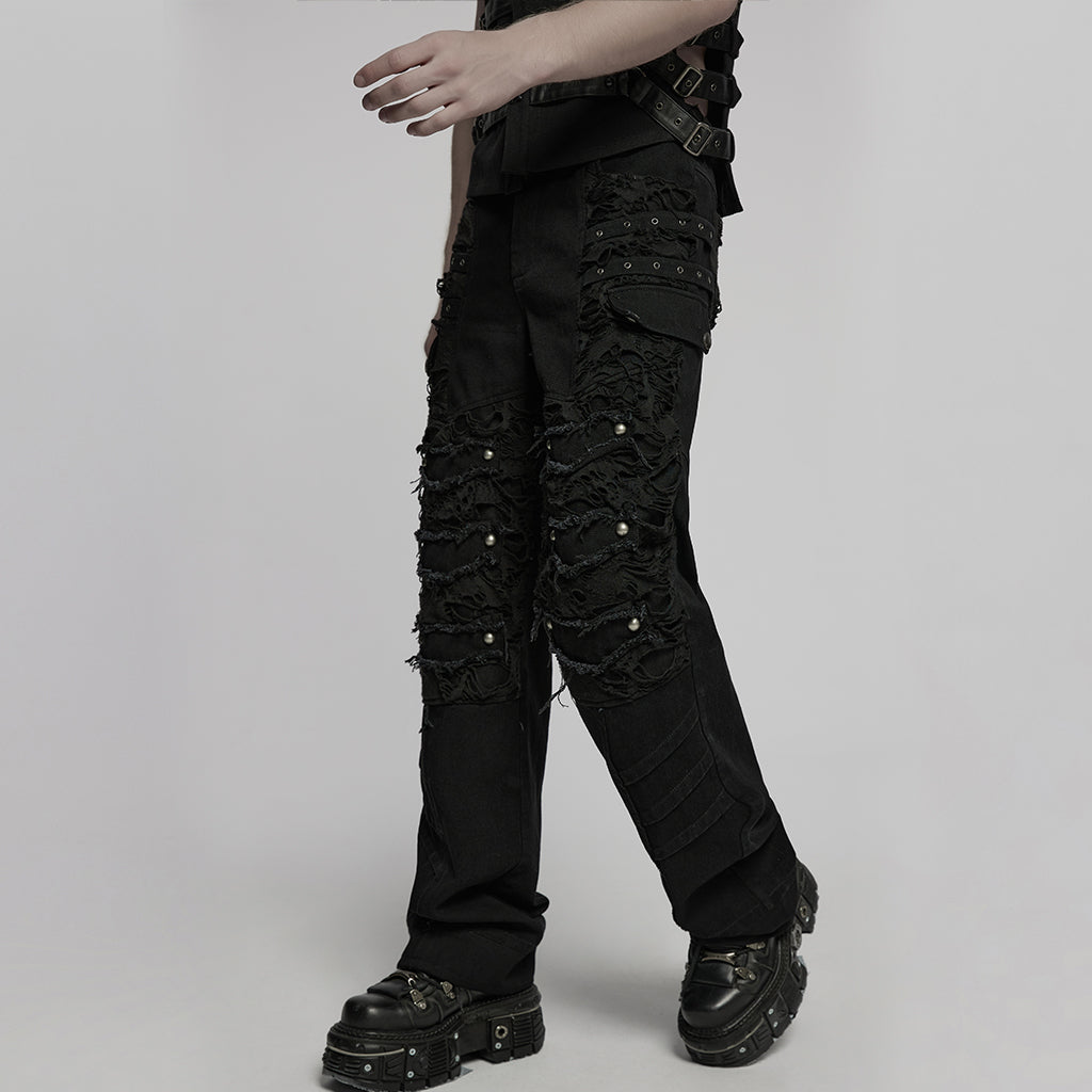 WK-707XCM Edgy Distressed Black Punk Pants with Strap Details