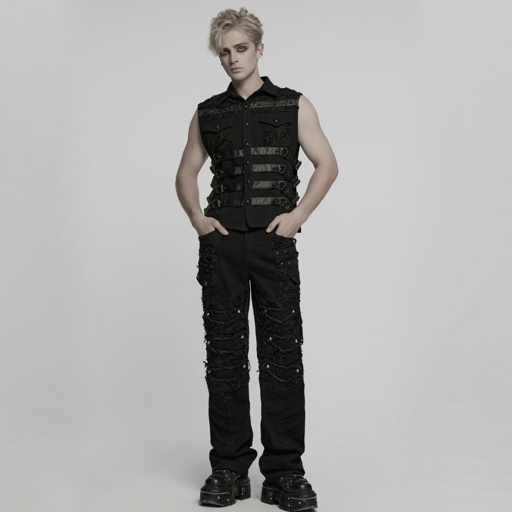 WK-707XCM Edgy Distressed Black Punk Pants with Strap Details