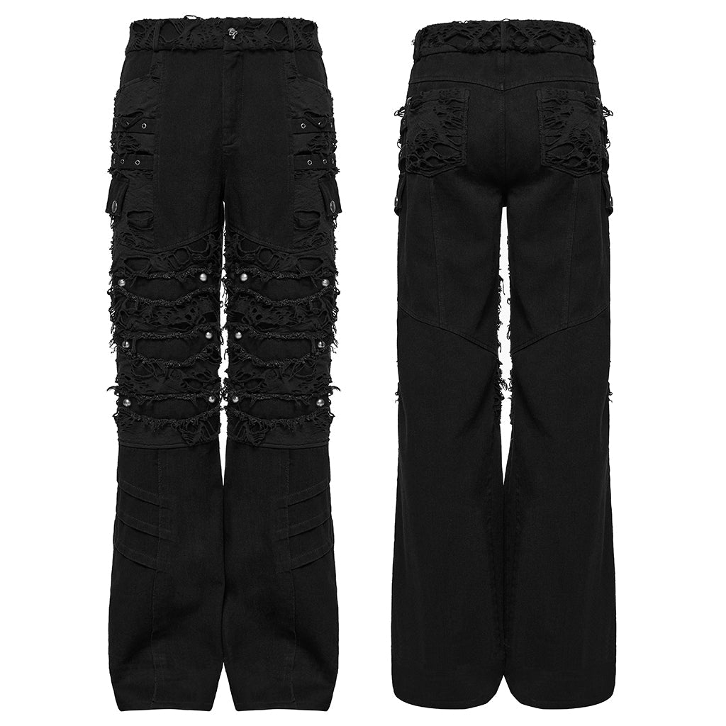 WK-707XCM Edgy Distressed Black Punk Pants with Strap Details