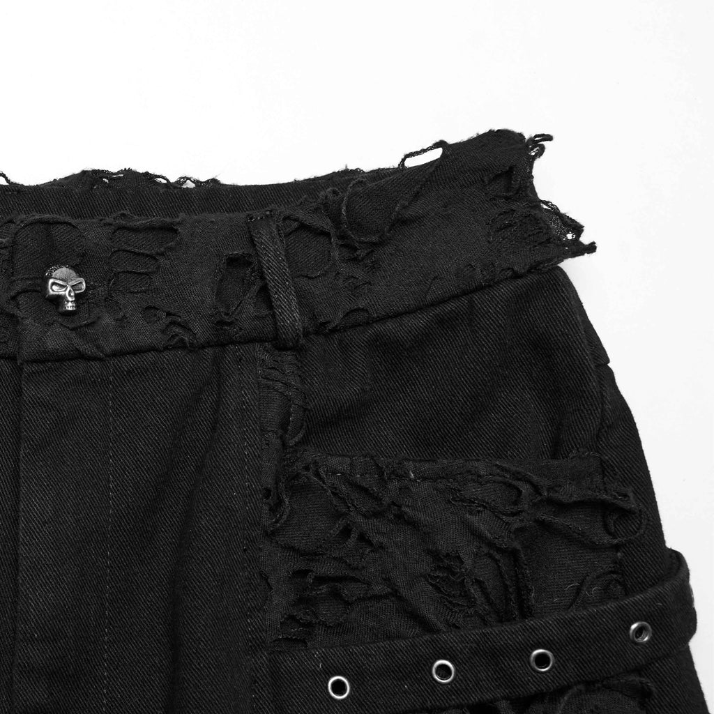 WK-707XCM Edgy Distressed Black Punk Pants with Strap Details