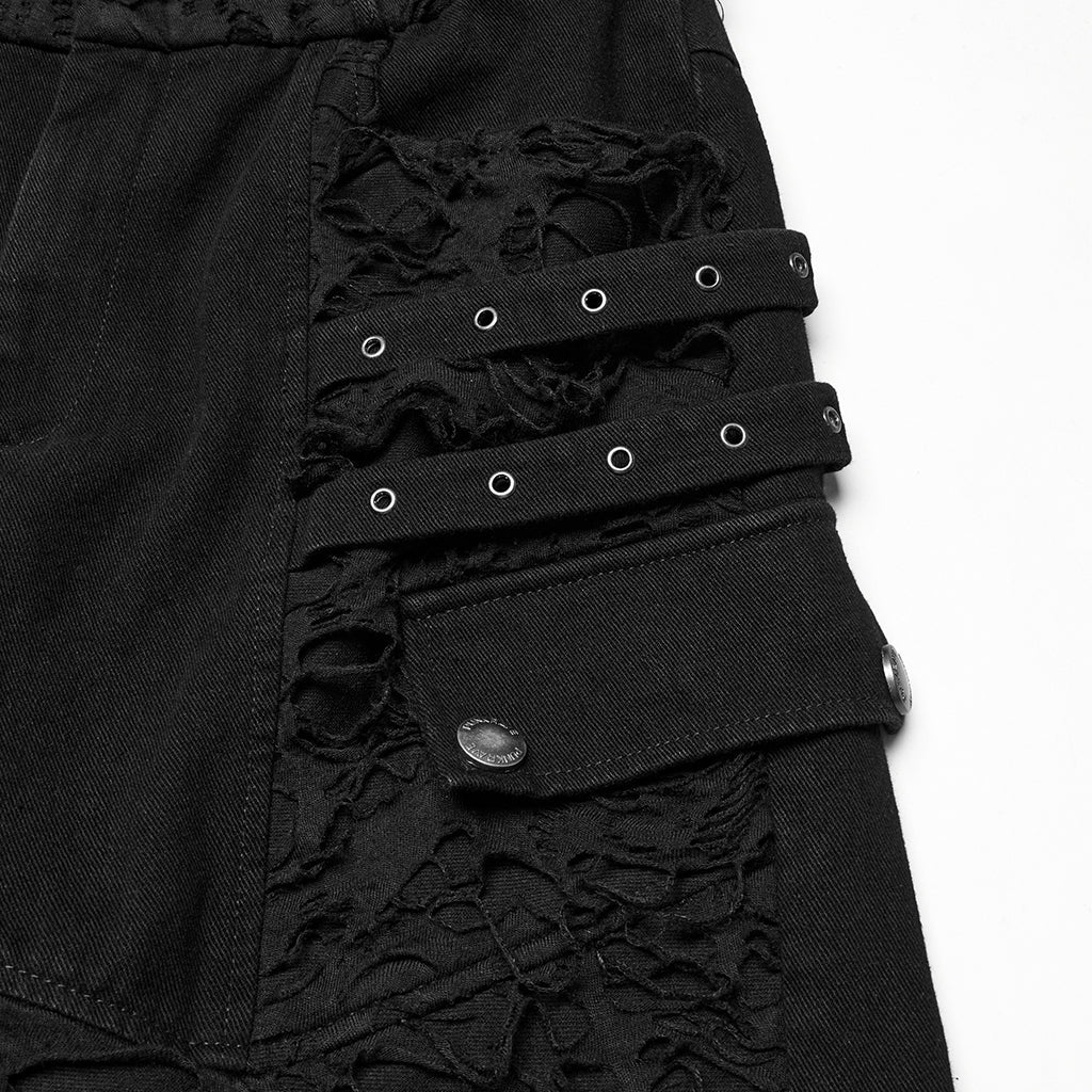WK-707XCM Edgy Distressed Black Punk Pants with Strap Details