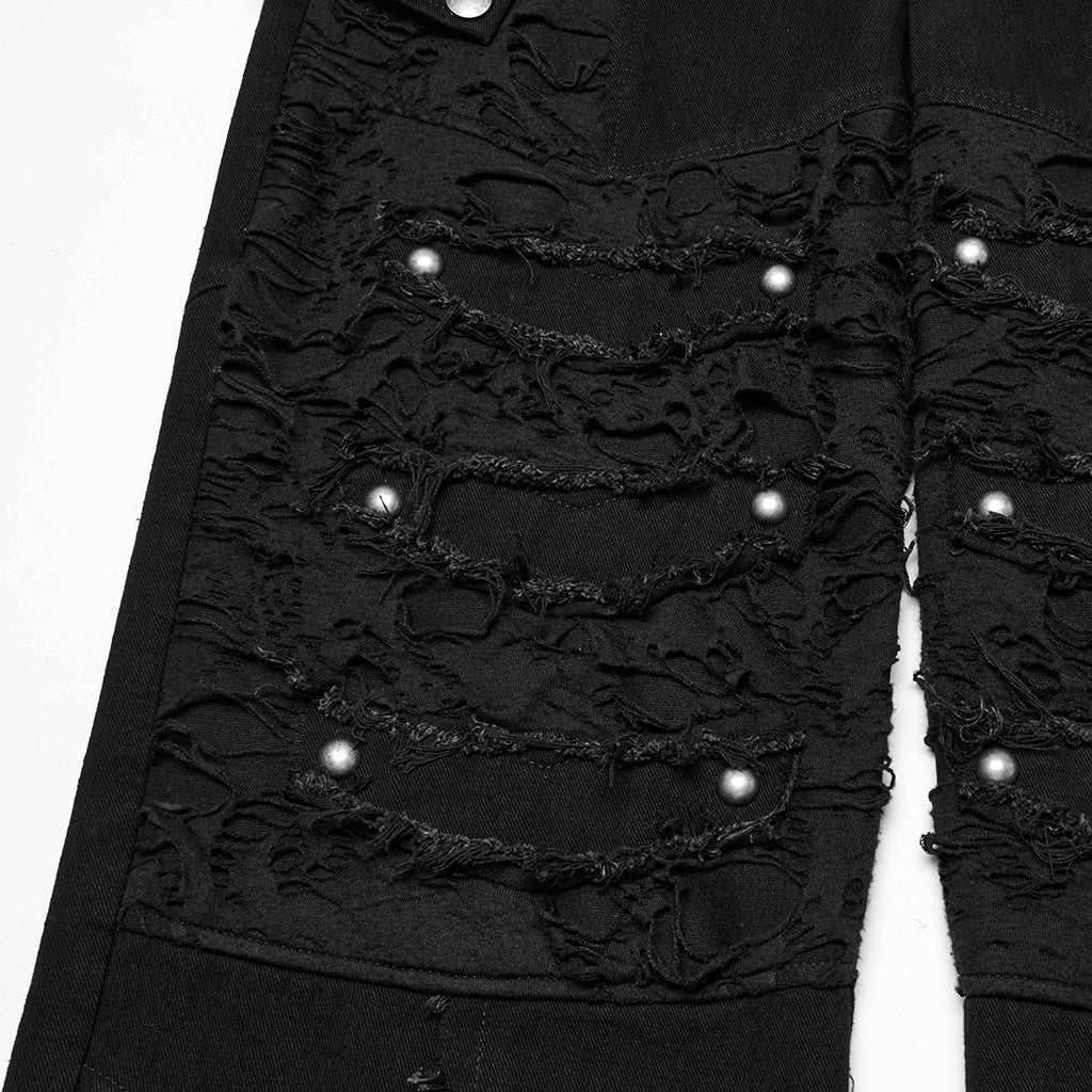 WK-707XCM Edgy Distressed Black Punk Pants with Strap Details