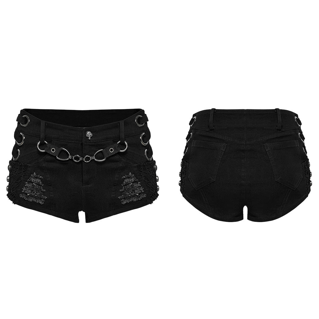 WK-709XDF Edgy Black Chain Punk Pants with Fishnet Details