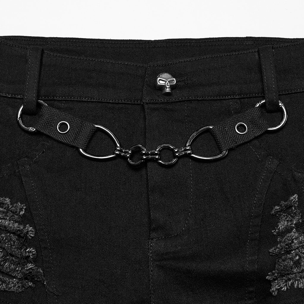 WK-709XDF Edgy Black Chain Punk Pants with Fishnet Details