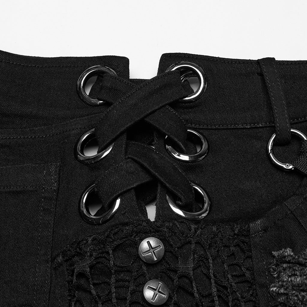 WK-709XDF Edgy Black Chain Punk Pants with Fishnet Details
