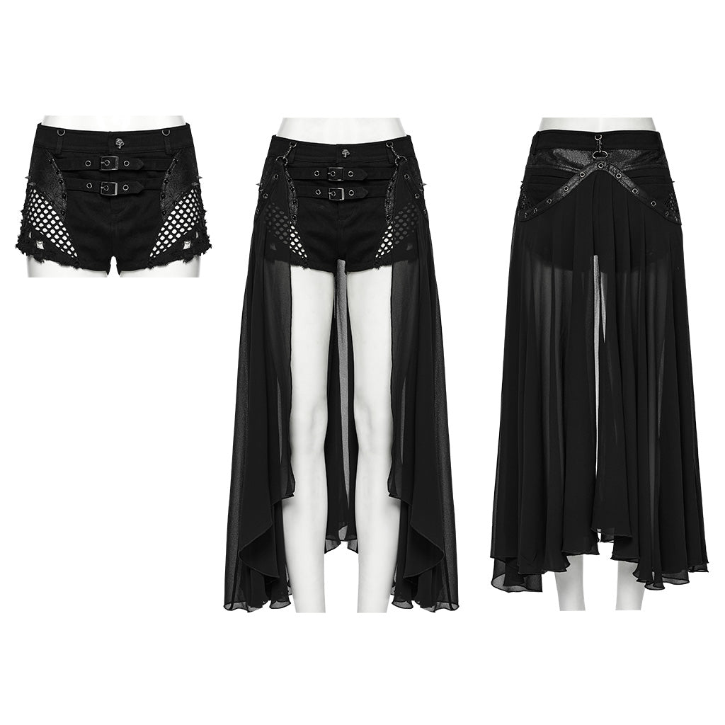 WK-710XDF Gothic Asymmetrical Punk Skirt with Sheer Overlay and Studded Details