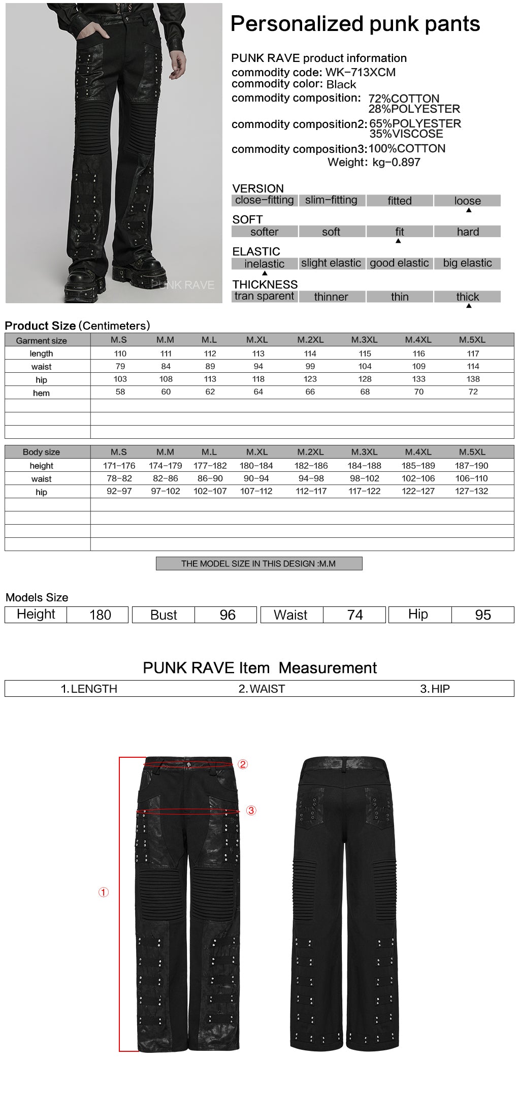 WK-713XCM Mens Gothic Punk Pants with Studded Leather Panels