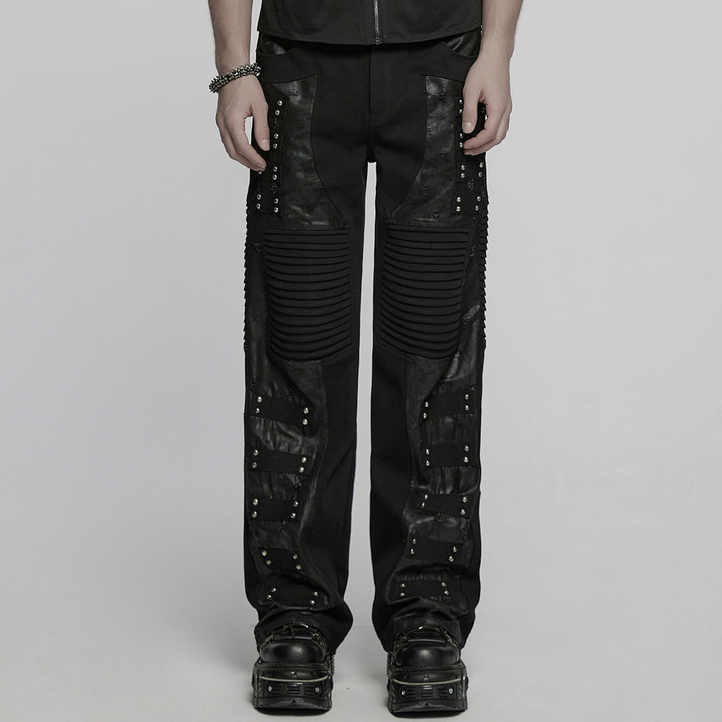 WK-713XCM Mens Gothic Punk Pants with Studded Leather Panels