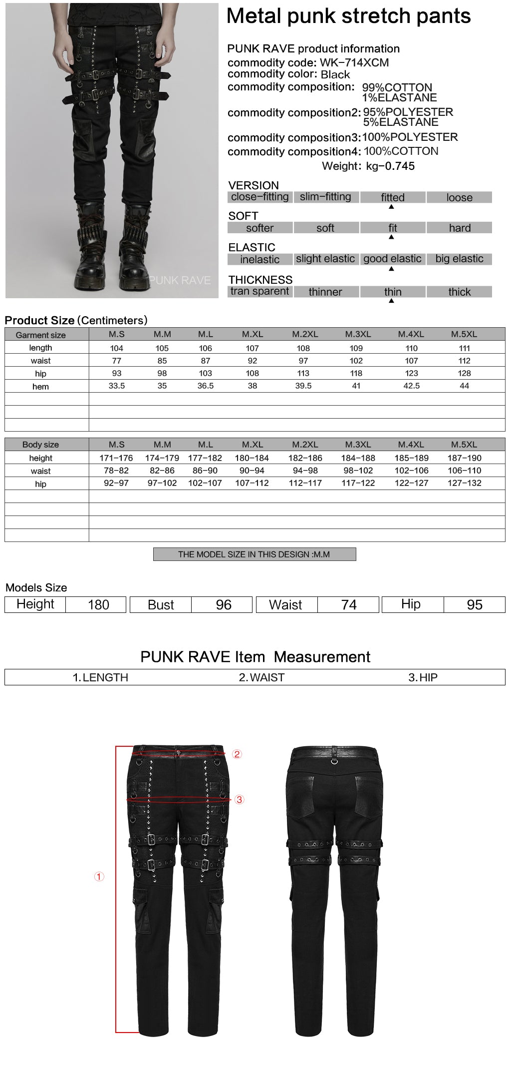 WK-714XCM Mens Black Buckle Strap Punk Pants with Studded Details