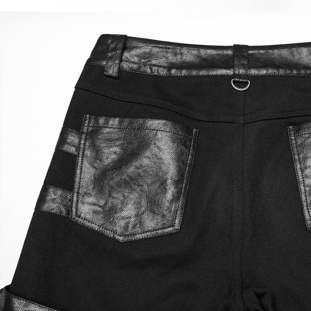 WK-714XCM Mens Black Buckle Strap Punk Pants with Studded Details