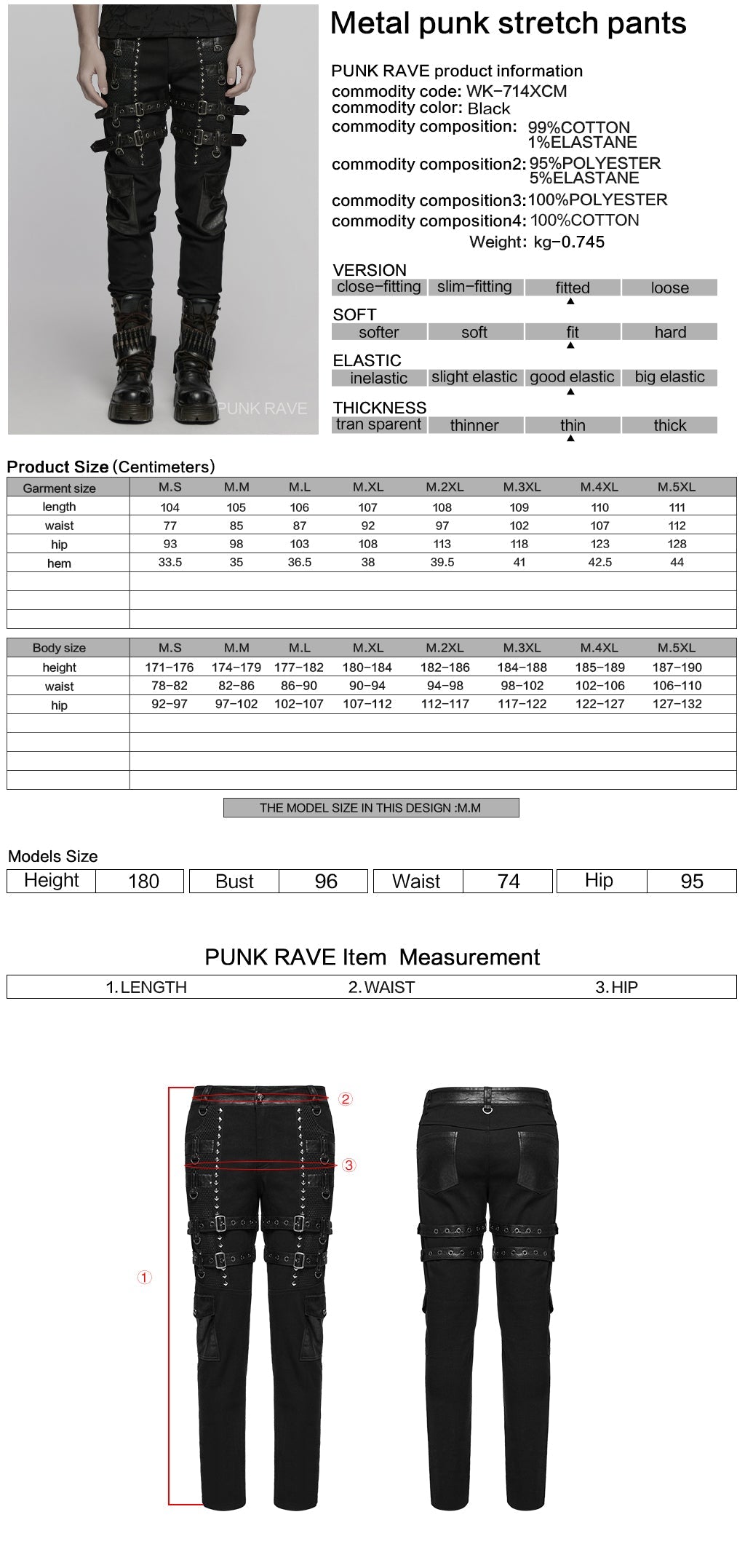 WK-714XCM Mens Black Buckle Strap Punk Pants with Studded Details