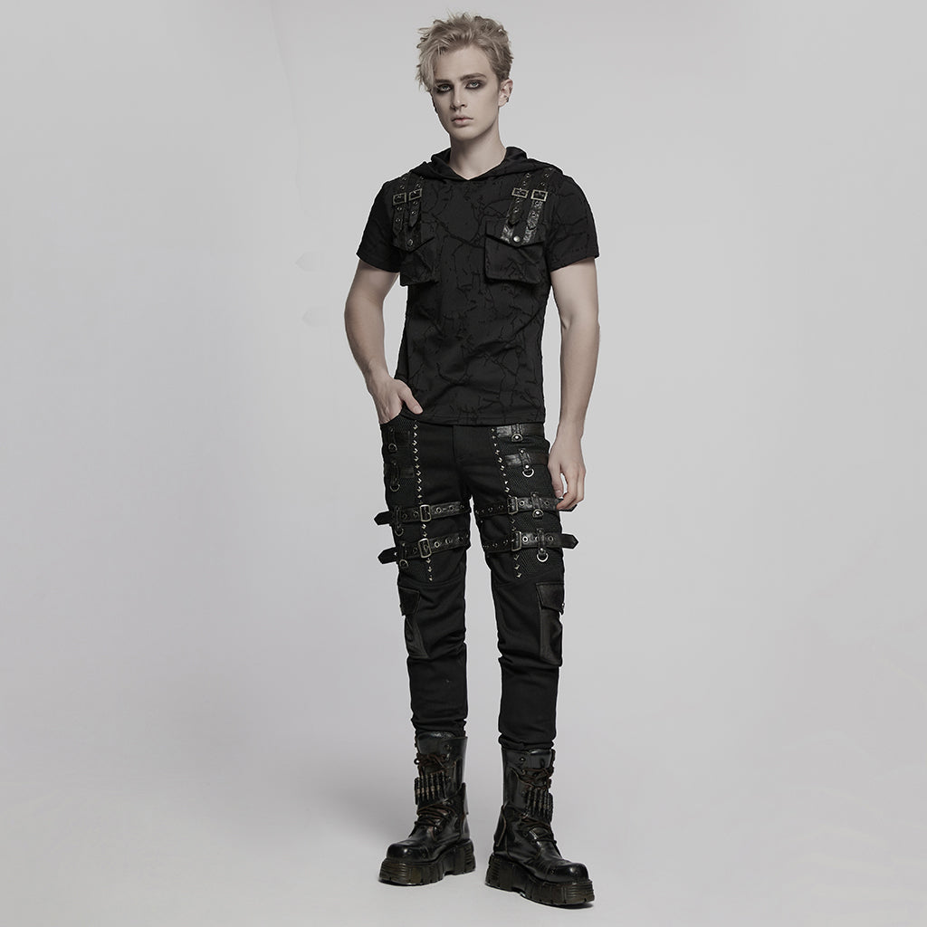 WK-714XCM Mens Black Buckle Strap Punk Pants with Studded Details
