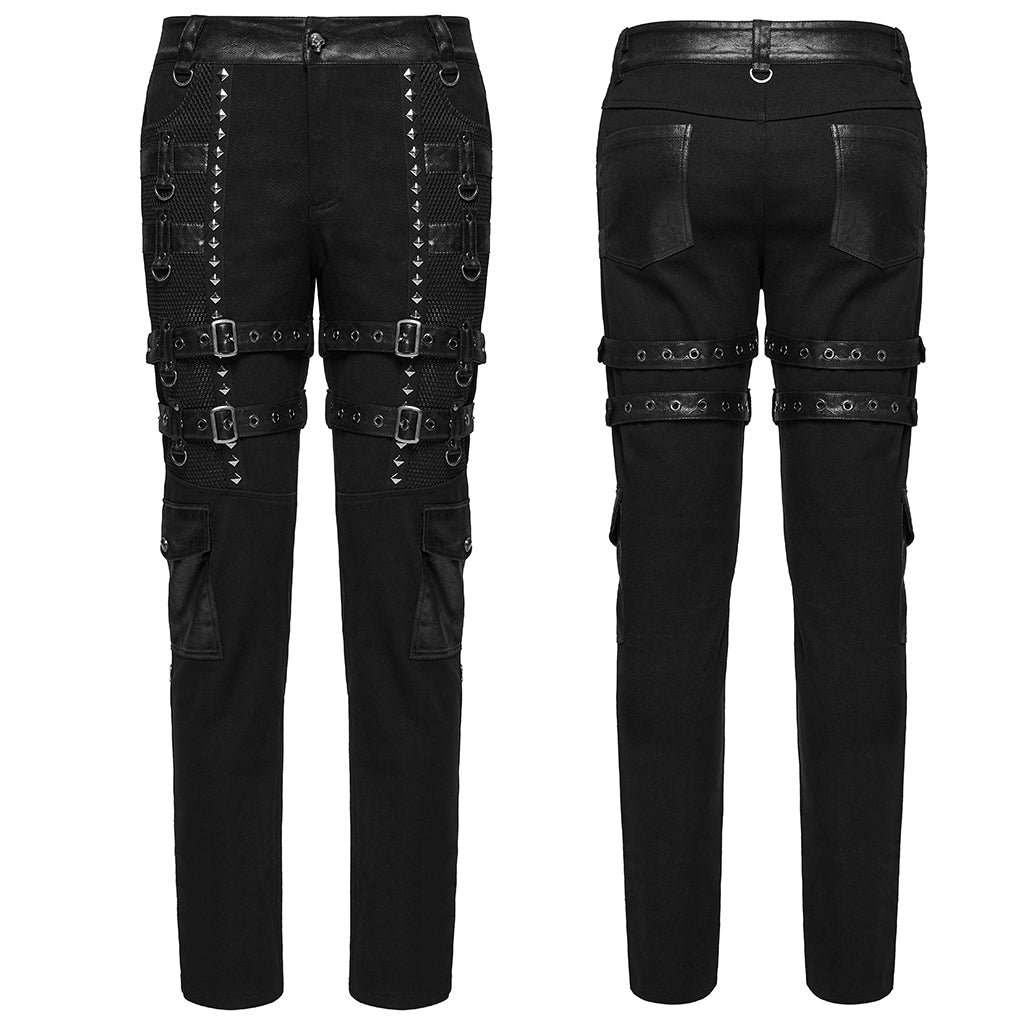 WK-714XCM Mens Black Buckle Strap Punk Pants with Studded Details