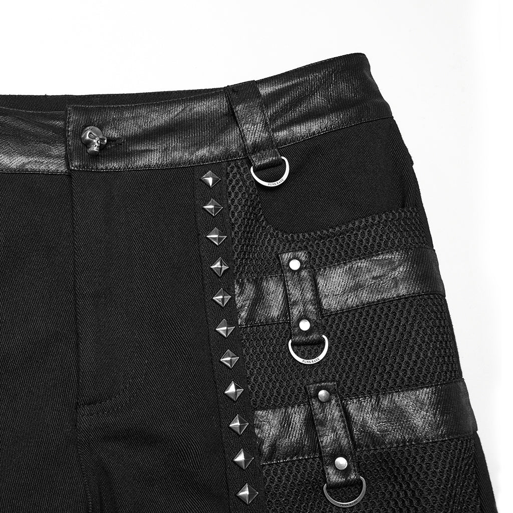 WK-714XCM Mens Black Buckle Strap Punk Pants with Studded Details