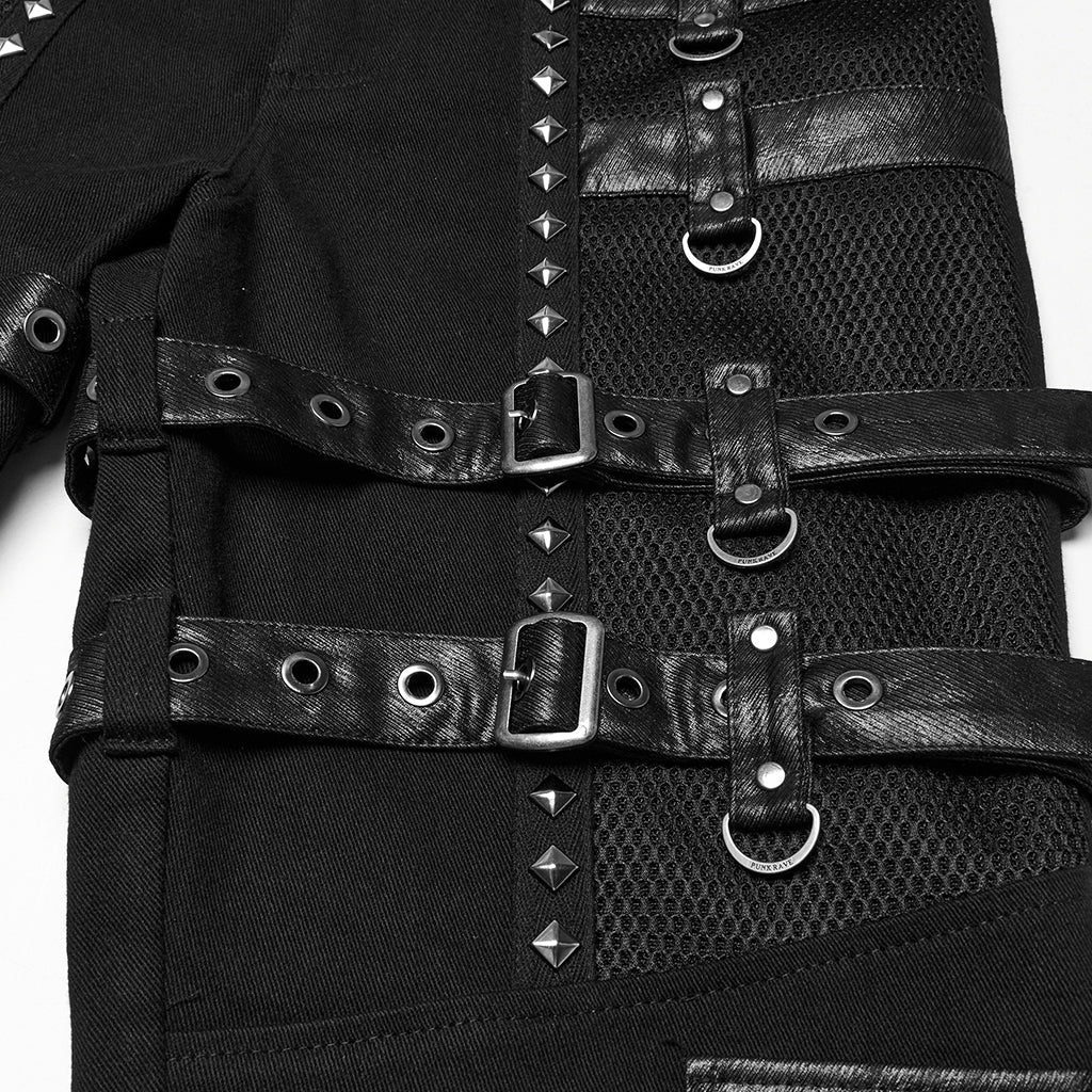 WK-714XCM Mens Black Buckle Strap Punk Pants with Studded Details