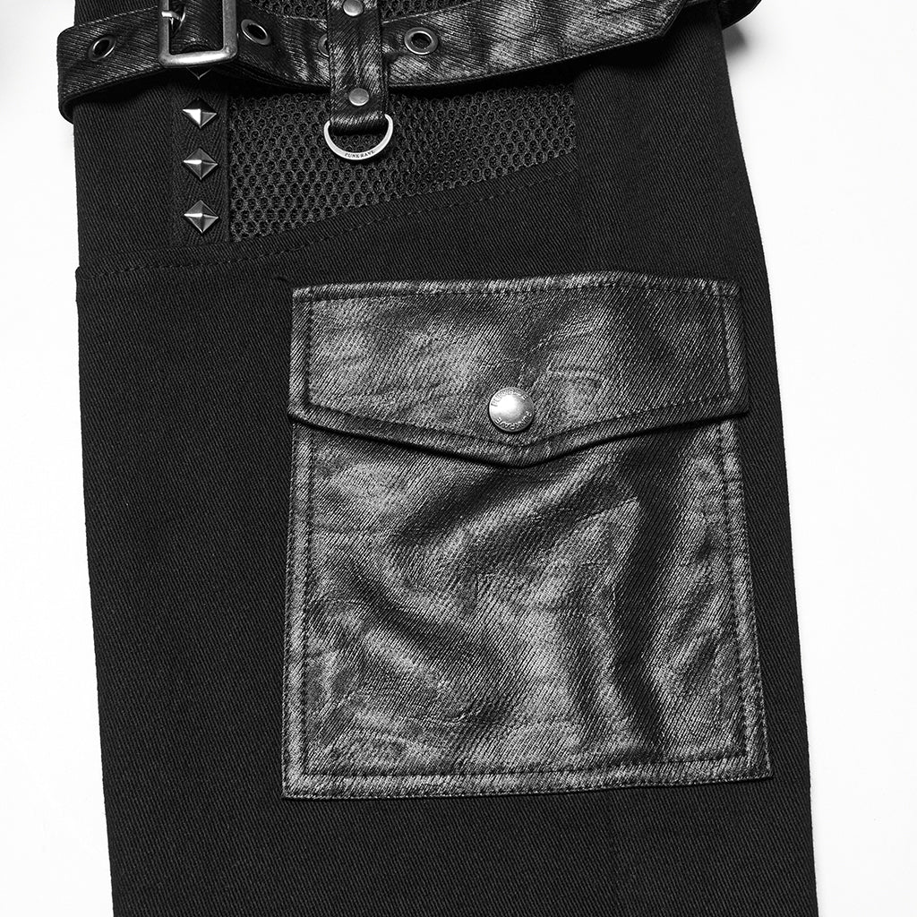 WK-714XCM Mens Black Buckle Strap Punk Pants with Studded Details