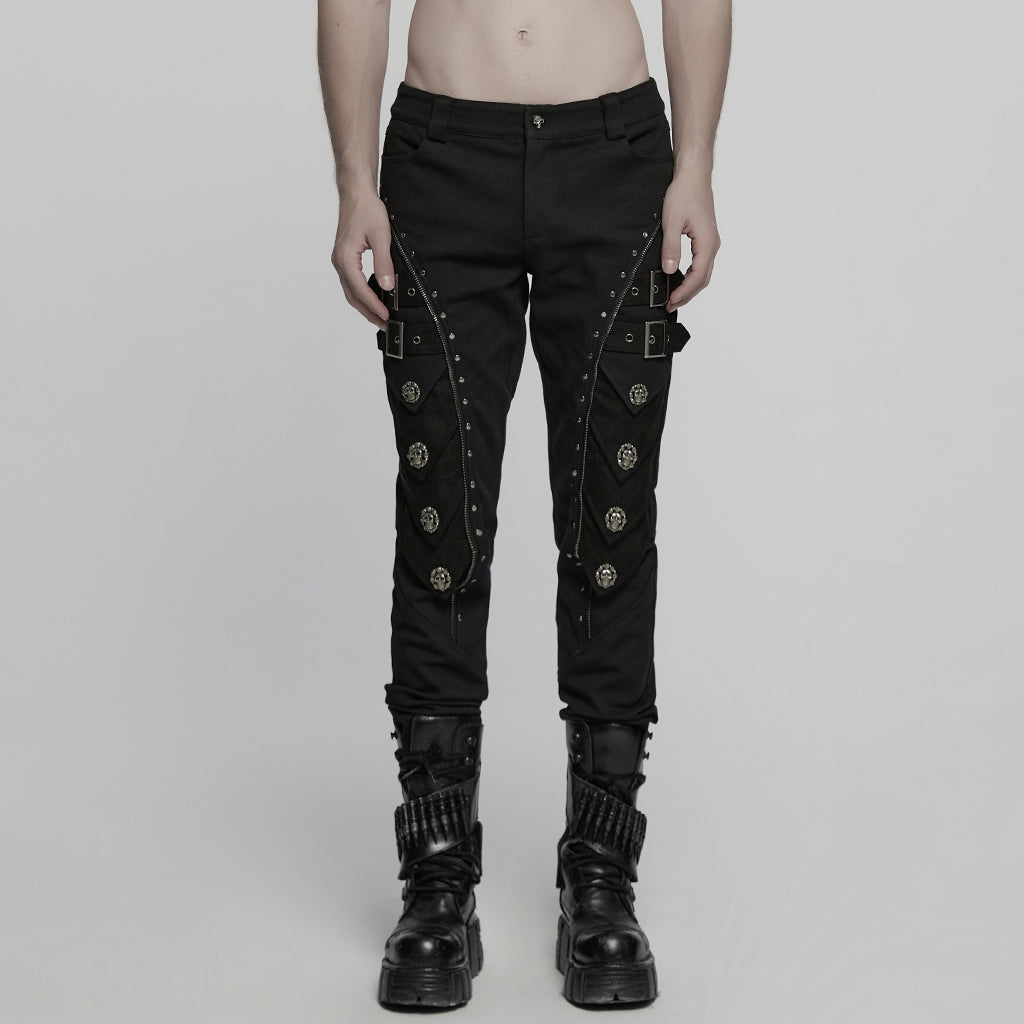 WK-715XCM Edgy Zippered Buckle Accent Punk Pants with Rivet Details