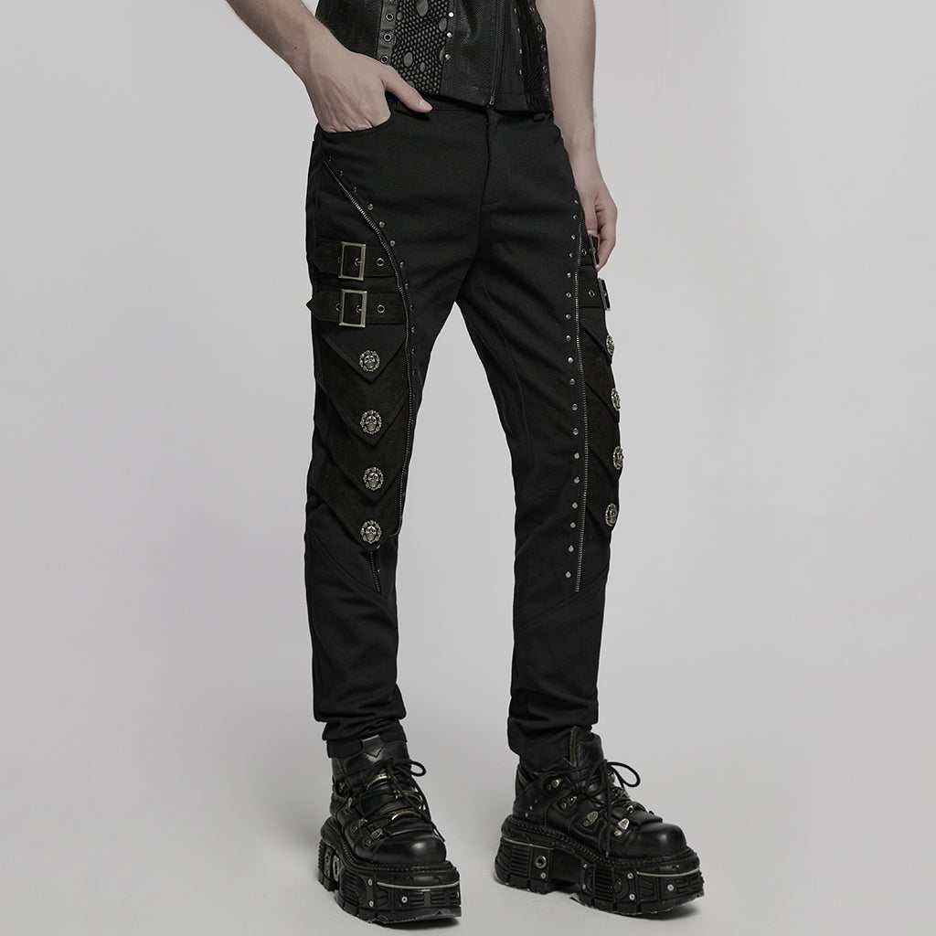 WK-715XCM Edgy Zippered Buckle Accent Punk Pants with Rivet Details