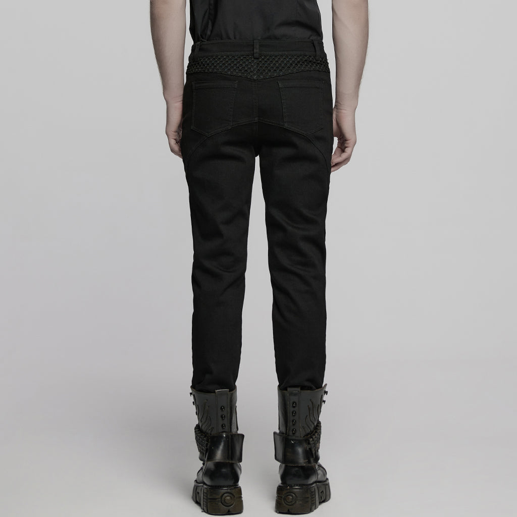 WK-718NCM Gothic Mesh Panel Black Punk Pants with Unique Stitching