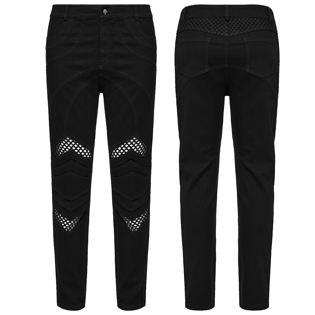 WK-718NCM Gothic Mesh Panel Black Punk Pants with Unique Stitching