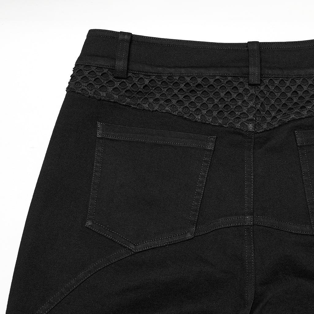 WK-718NCM Gothic Mesh Panel Black Punk Pants with Unique Stitching