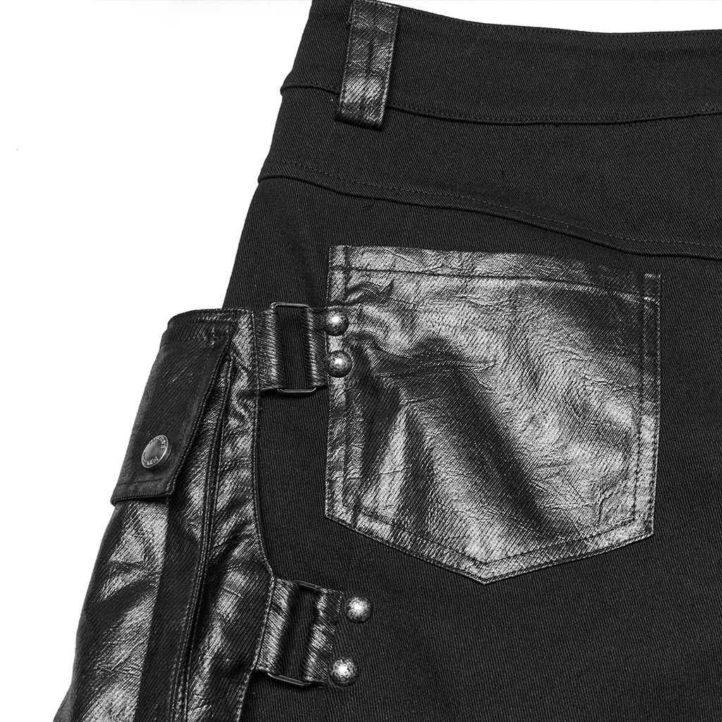 WK-719NDM Edgy Black Punk Pants with Leather Accents and Pockets