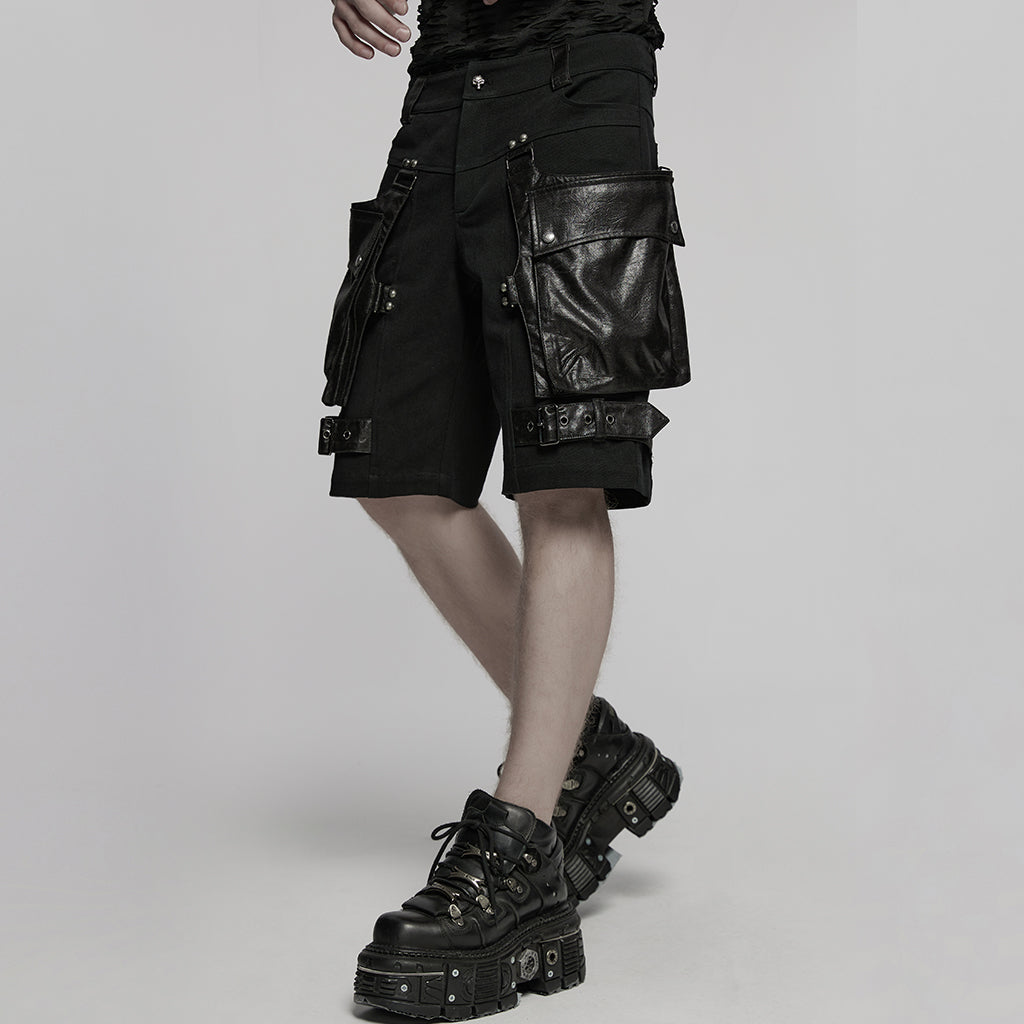 WK-719NDM Edgy Black Punk Pants with Leather Accents and Pockets