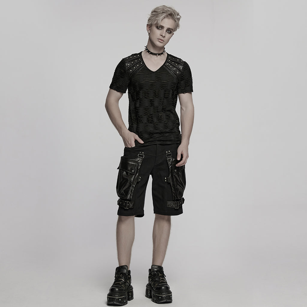 WK-719NDM Edgy Black Punk Pants with Leather Accents and Pockets