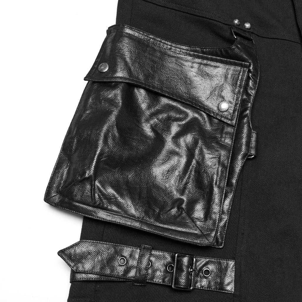 WK-719NDM Edgy Black Punk Pants with Leather Accents and Pockets