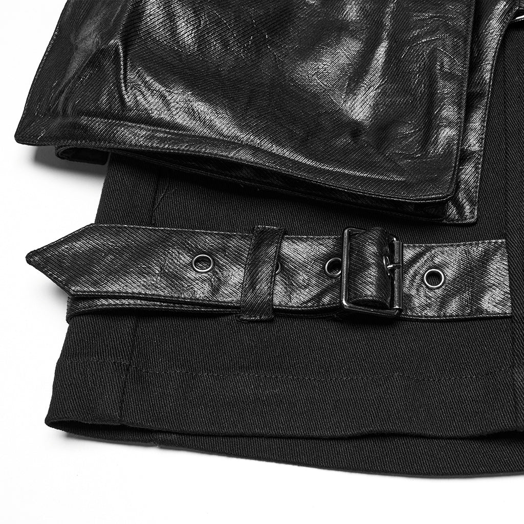 WK-719NDM Edgy Black Punk Pants with Leather Accents and Pockets
