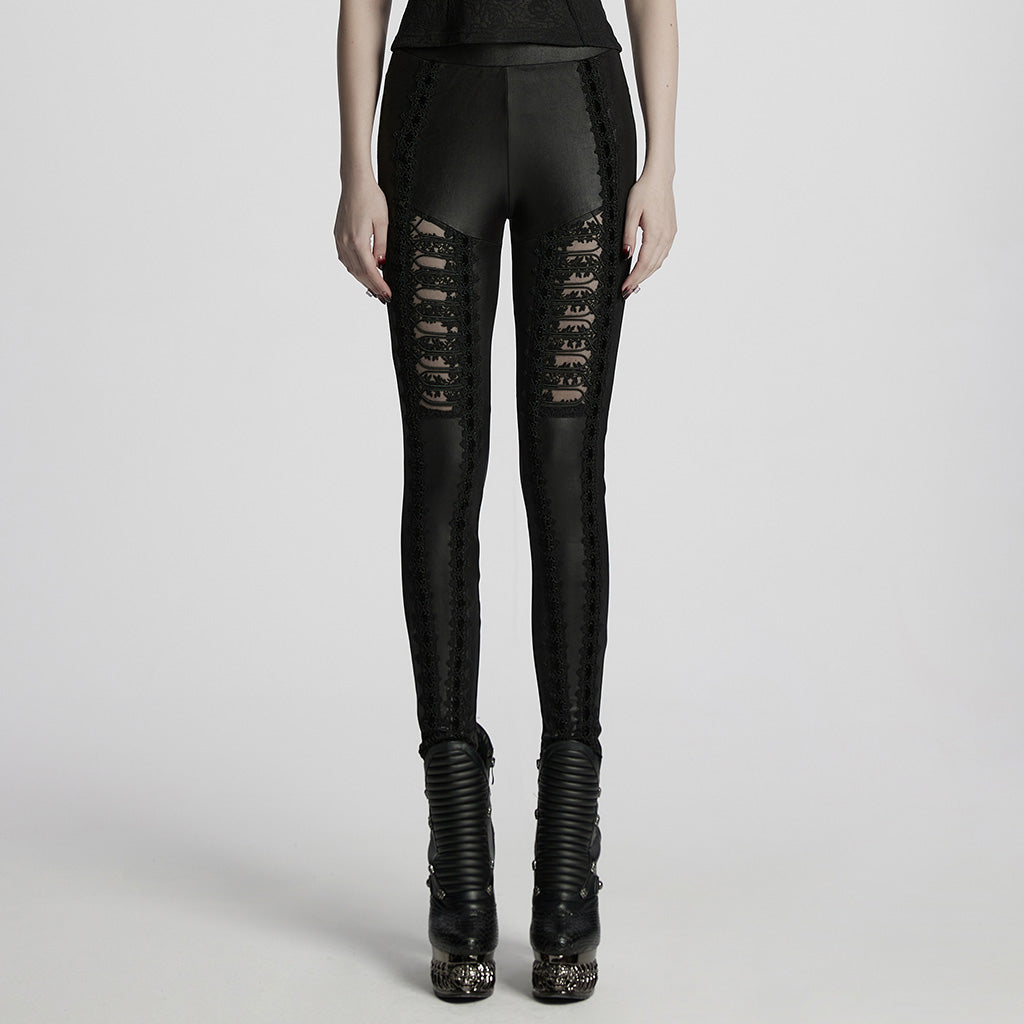 WK-722DDF Gothic Pants Black Lace Cutout High Waist Leggings