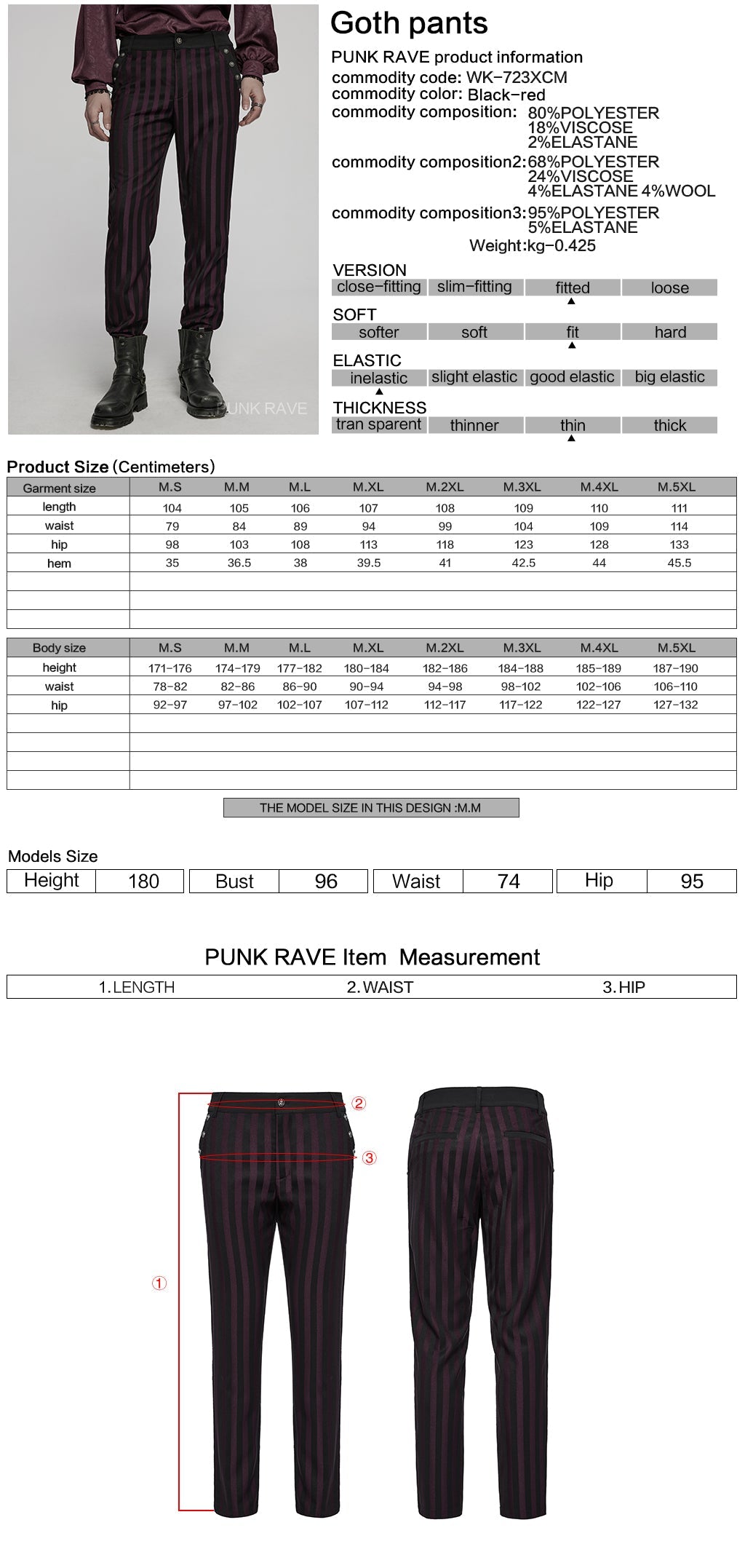 WK-723XCM Mens Gothic Striped Slim-Fit Steampunk Trousers