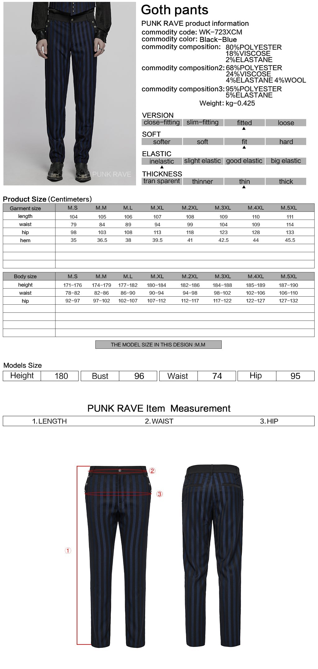 WK-723XCM Mens Gothic Striped Slim-Fit Steampunk Trousers