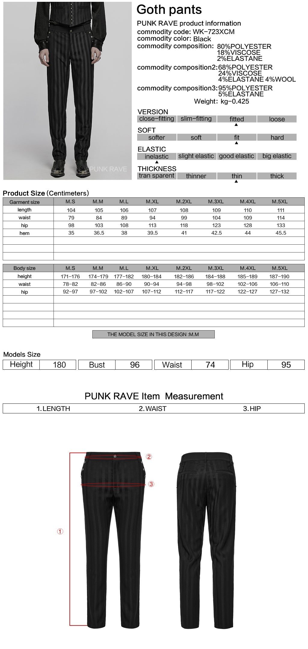 WK-723XCM Mens Gothic Striped Slim-Fit Steampunk Trousers