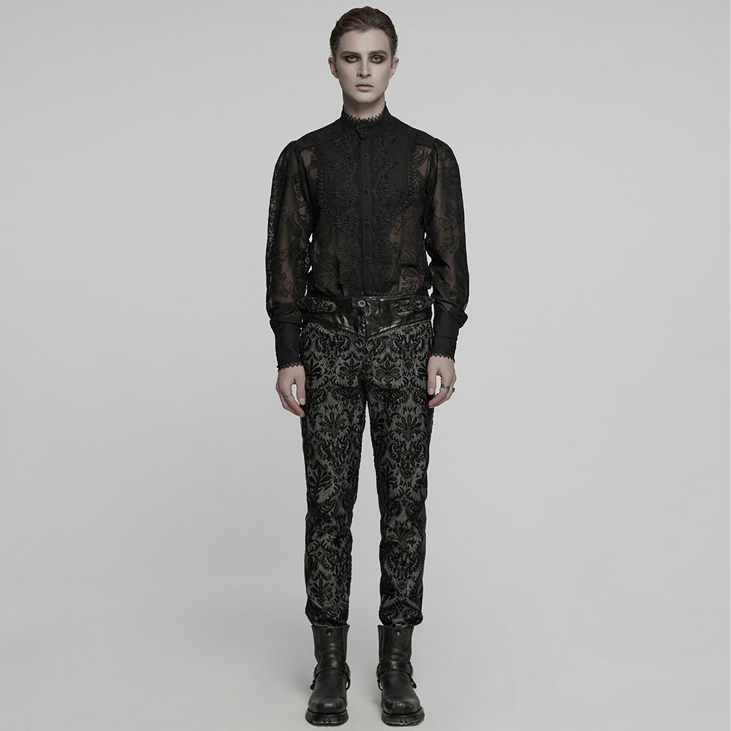 WK-725XCM Gothic Pants Black Lace Velvet Brocade High Waist Trousers