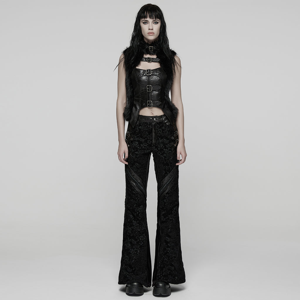 WK-729XCF Gothic Pants Black Brocade Flare High-Waisted Zipper Buckle Design