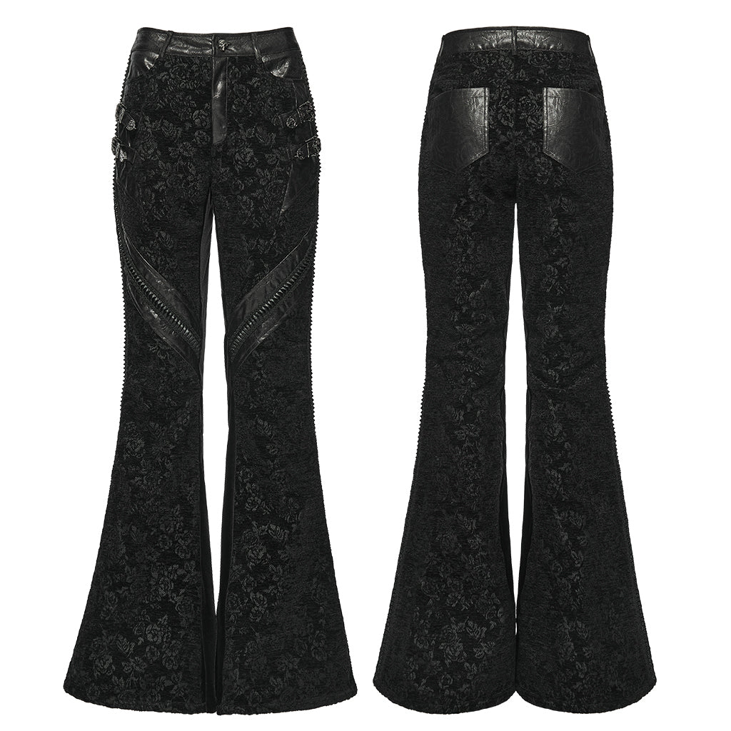WK-729XCF Gothic Pants Black Brocade Flare High-Waisted Zipper Buckle Design