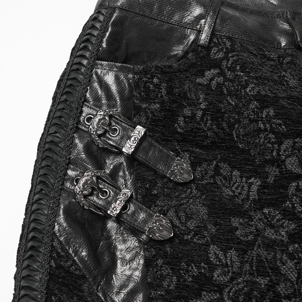 WK-729XCF Gothic Pants Black Brocade Flare High-Waisted Zipper Buckle Design