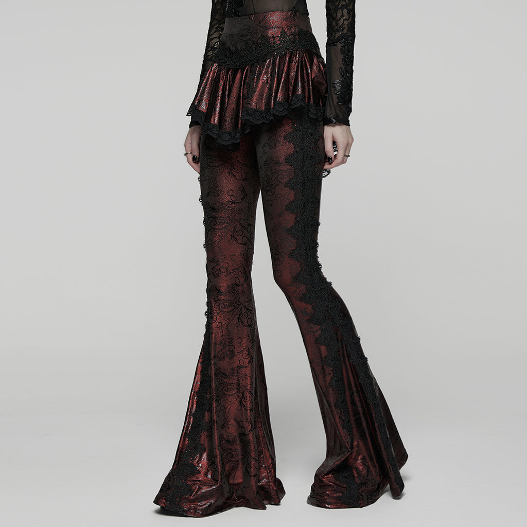 WK-731XCF Gothic Pants Flare Lace Overlay Metallic Burgundy Design
