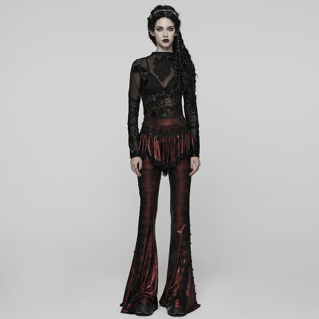 WK-731XCF Gothic Pants Flare Lace Overlay Metallic Burgundy Design