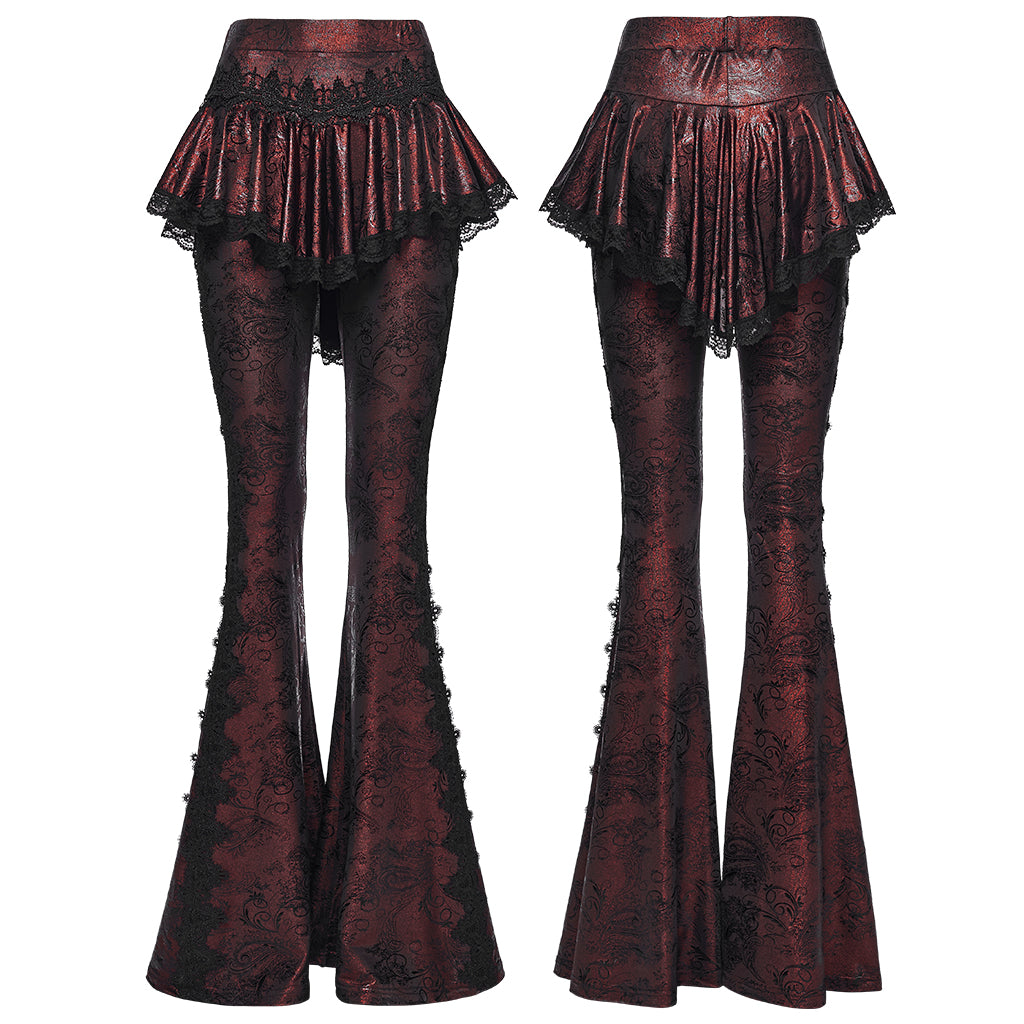 WK-731XCF Gothic Pants Flare Lace Overlay Metallic Burgundy Design