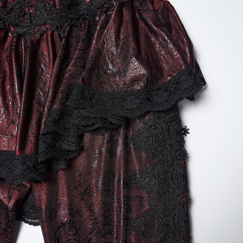 WK-731XCF Gothic Pants Flare Lace Overlay Metallic Burgundy Design
