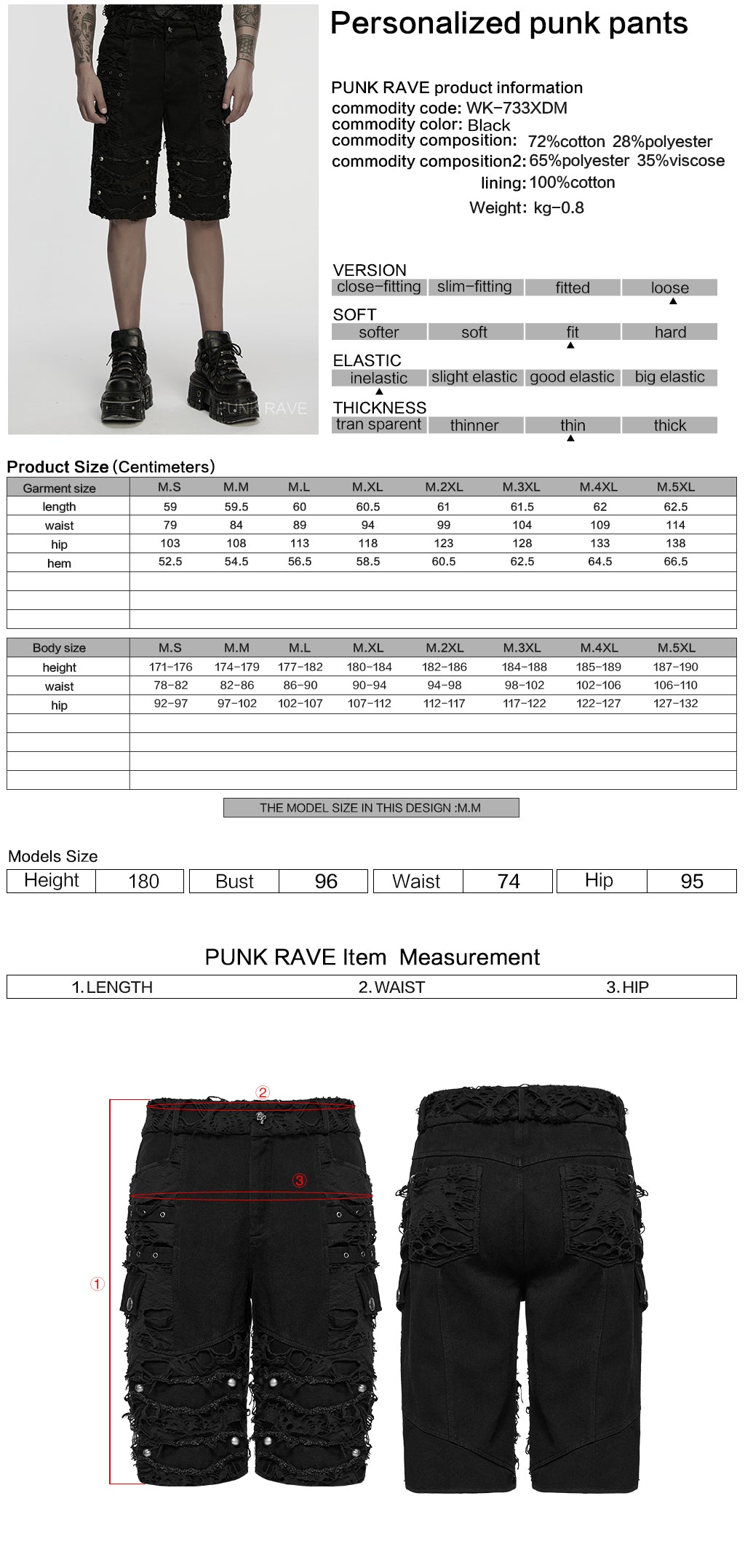 WK-733XDM Edgy Distressed Knee-Length Punk Pants with Studded Details