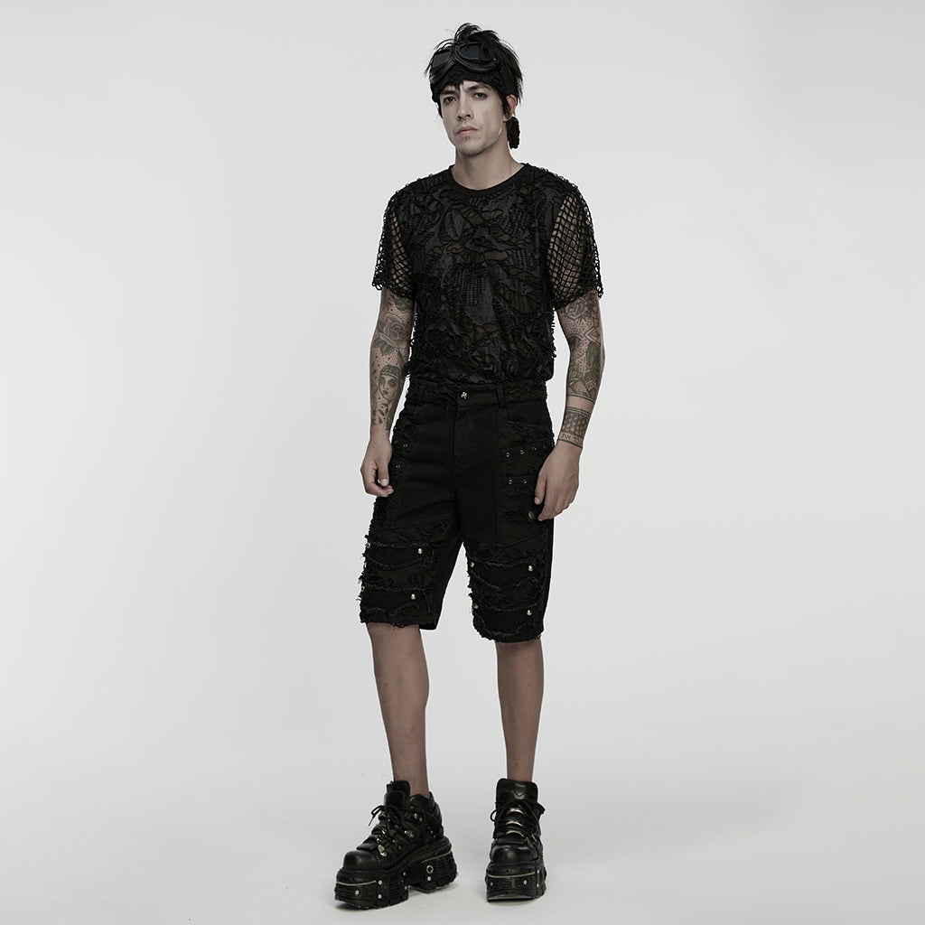 WK-733XDM Edgy Distressed Knee-Length Punk Pants with Studded Details