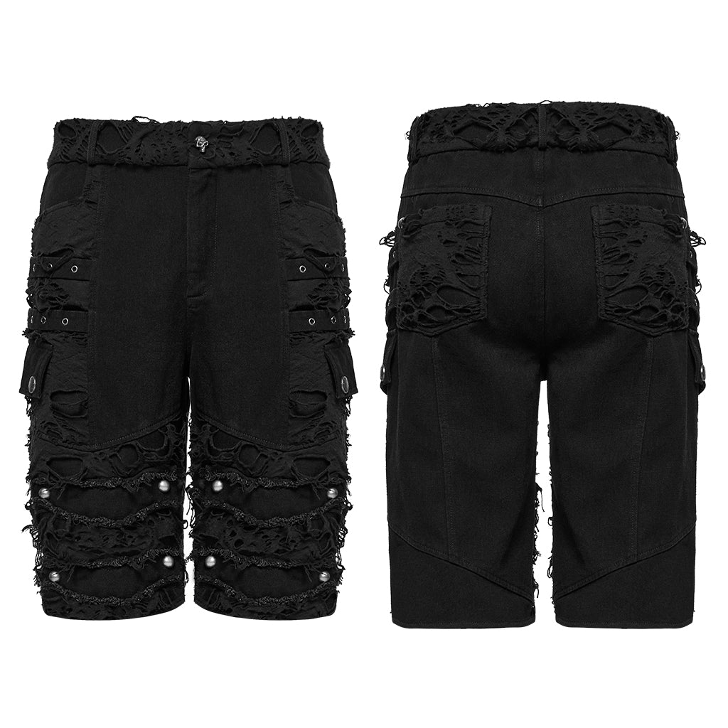 WK-733XDM Edgy Distressed Knee-Length Punk Pants with Studded Details