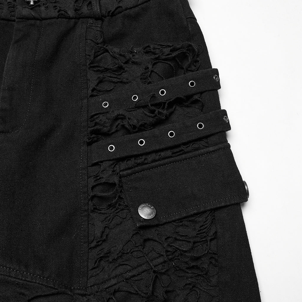 WK-733XDM Edgy Distressed Knee-Length Punk Pants with Studded Details