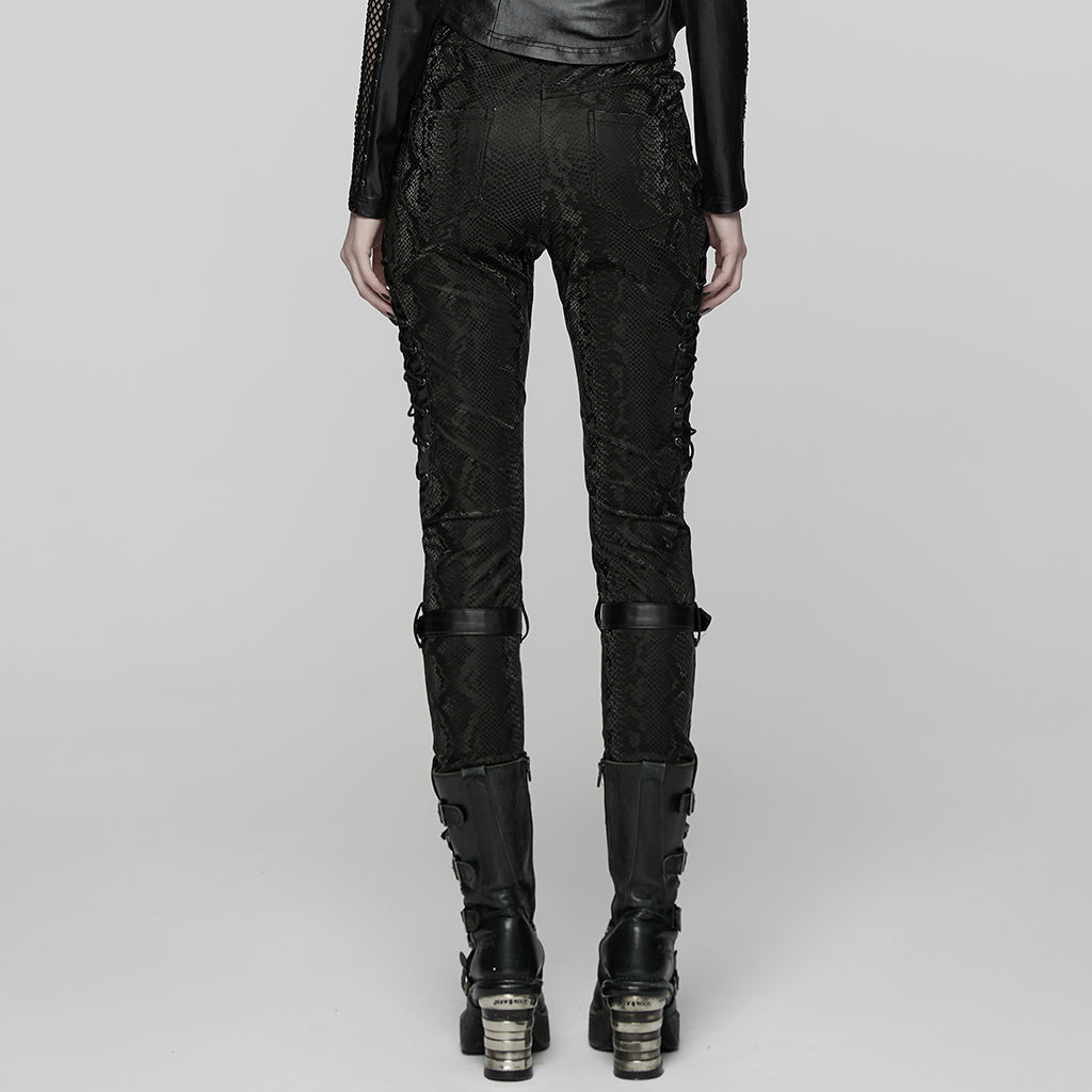 WK-738PCF Edgy Faux Leather Buckled Punk Pants with Stud Accents