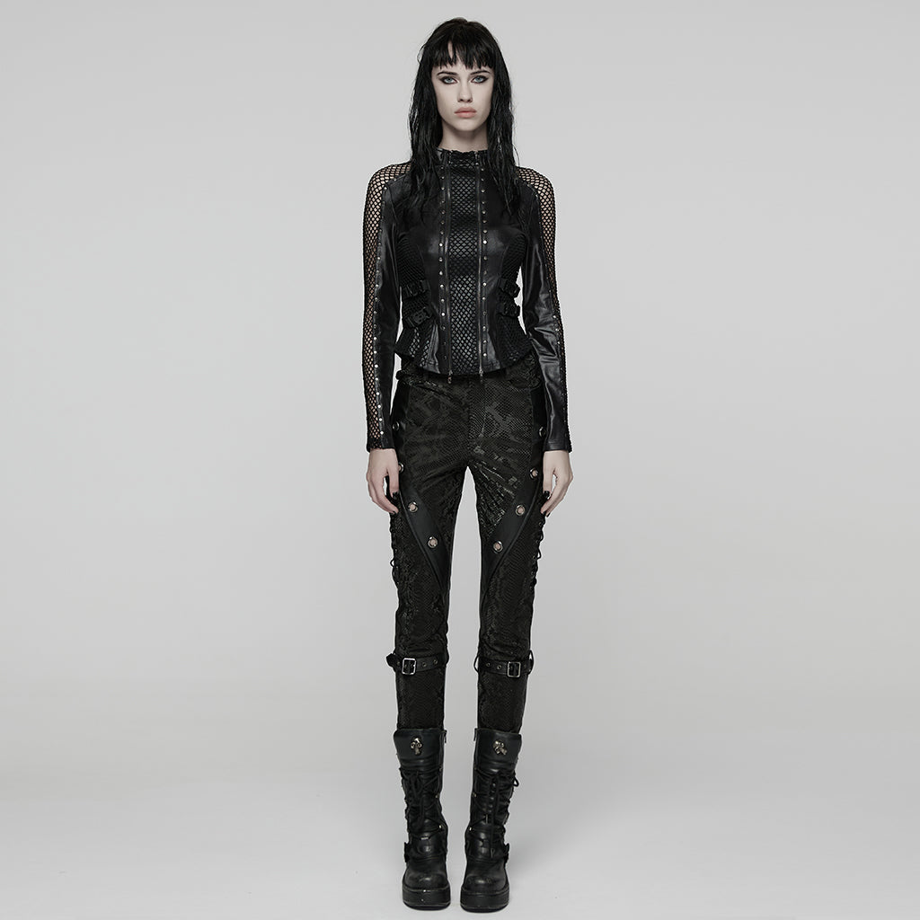 WK-738PCF Edgy Faux Leather Buckled Punk Pants with Stud Accents
