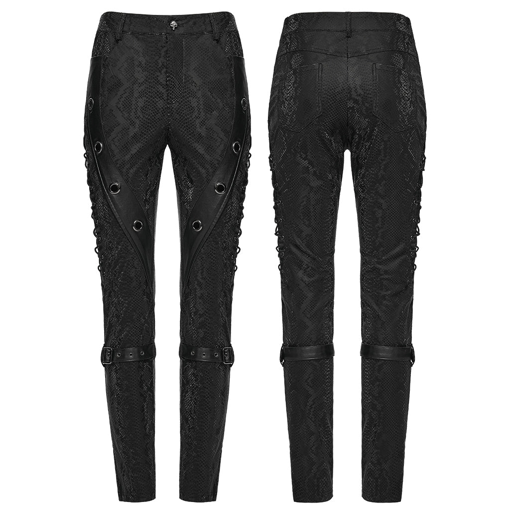 WK-738PCF Edgy Faux Leather Buckled Punk Pants with Stud Accents
