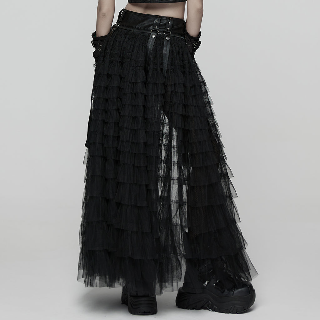 WK-741PDF Gothic Layered Tulle Punk Skirt with Fishnet Detail